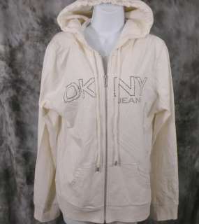 NEW DKNY Women Zip Hoodie Rhinestone Sweatshirt Ivory Size Large 
