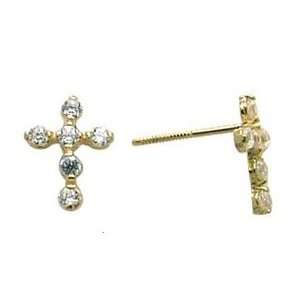    14K Yellow Gold Cubic Zirconia Cross Stud Earrings Jewelry