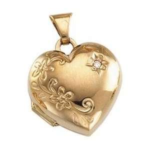  14K Yellow Gold Floral Emboss Heart Pendant With Diamond 