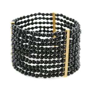 10 Row Faceted Black Glass Beads and Cubic Zirconia Stretch Bracelet 