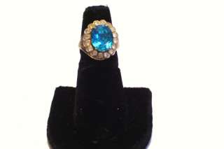 Vintage 1930s Cocktail Ring Costume Jewelry Blue Rhinestone   Size 6 