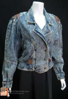 VTG Womens PREZZIA Acid Wash Denim Jacket w/ Leather Western Grunge 