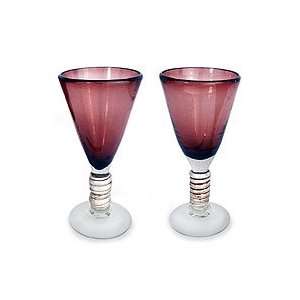  NOVICA Blown glass wine glasses, Silver Amethyst (pair 