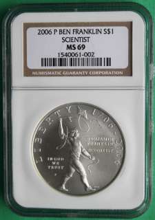   Benjamin Franklin Graded MS69 NGC Scientist BU Silver Dollar Coin