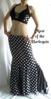 Black White Polka Dot Tribal Belly Dance Flamenco Gothic Mermaid Skirt 