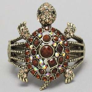   Crystal Brown Stone Antique Gold Hinge Turtle Jewelry Cuff Bracelet