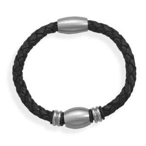    8 Black Leather Bracelet With 3 Stainless Steel Beads Jewelry