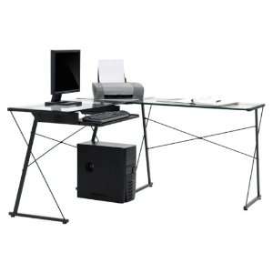  Corner L Shape Computer Desk   Black Steel & Clear Glass 