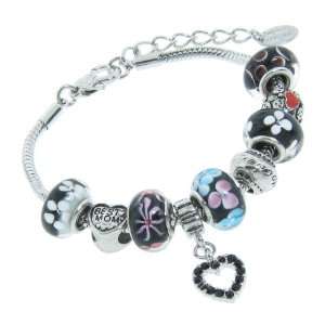   Black Murano Glass Style Beads Mom Charm Bracelet, 7.5 + 1 Extender
