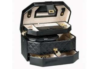 New Diamond Quilted Black Leather & Crystal Jewelry Box  