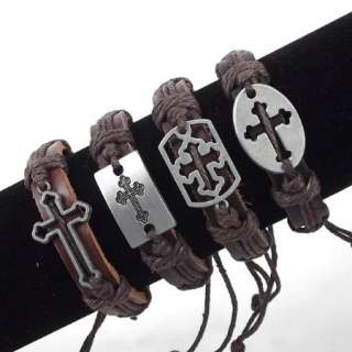 Wholesale lot 4X Mens Cross Hemp Leather Bracelet Gift  