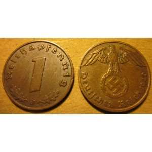    Copper Nazi 1 Reichspfennig WWII German Coin 1940J 