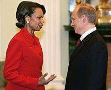Condoleezza Rice speaks with Vladimir Putin during her April 2005 