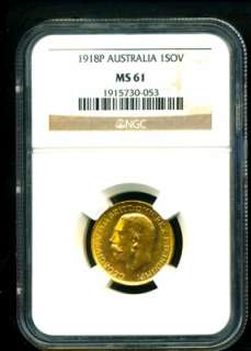 1918 P AUSTRALIA G V GOLD COIN SOVEREIGN NGC CERTIF GENUINE GRADED MS 