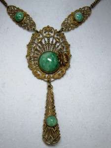   Green Peking Glass Cabochon Filigree Flower Lavalier Dangle Necklace