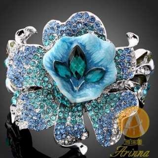Arinna Blue Swarovski Crystal Flower Hinged Bangle Cuff  