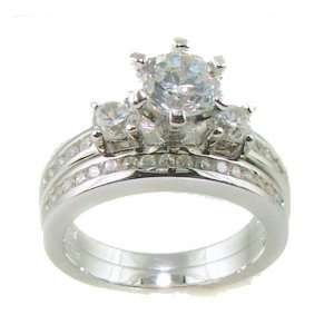 Antique Estate Style 3 Stone Cz Wedding Ring Set 14k White Gold 925 (8 