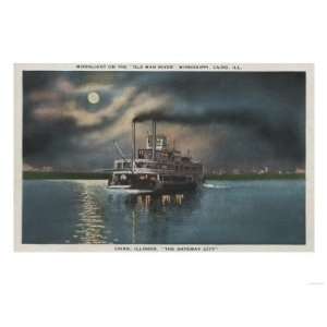 Cairo, IL   Night View of Steamer on Miss. River Giclee Poster Print 
