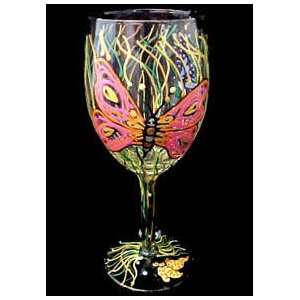  Butterfly Meadow Design   Hand Painted   Wine Glass   8 oz 