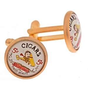 Satin finish gold plated cufflinks with a 5 cent cigar accent with 