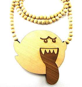 Super Mario Ghost Boo Wooden Pendant & 36 Bead Chain Necklace Good 