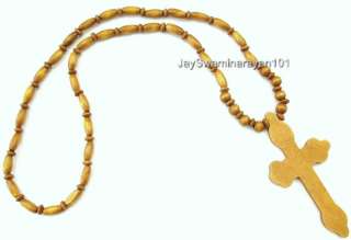 Mens Wood Beaded Wooden Cross Necklace Brown 29 Long  