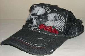 BIKER HAT (BALL CAP) SKULL /WINGS BLACK/BLACK MESH  