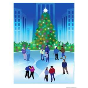  People Ice Skating by a Christmas Tree Giclee Poster Print 