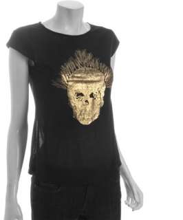 Alexander McQueen black jersey cap sleeve gold skull graphic t shirt