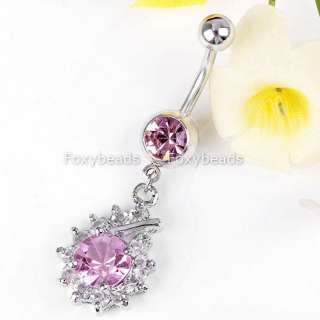 PINK Crystal Flower Dangle Navel Ring Body Piercing 1*  