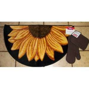 19 x 34 inch Slice Sunflower Rug with Brown Oven MItt and Pot Holder 