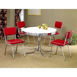  5pcs Retro White Round Dining Table & 4 Red Chairs Set