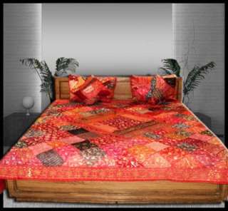 GORGEOUS HEAVILY BEADED 5 PC SARI BEDDING BEDSPREAD KG  