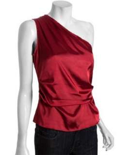 Tahari bella red sateen Mavis pleated one shoulder blouse   