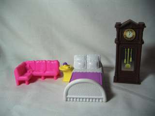 lot of 6 plastic dollhouse furniture bed chair dresser fireplace couch 