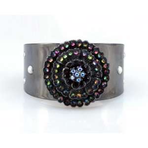   Silver Black Bracelet With Multi Color Gems and Flower Jewelry