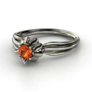    Flower Bud Ring, Round Fire Opal Sterling Silver Ring Jewelry