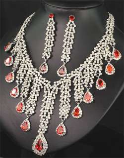   Bridesmaids Diamante Red Crystals Necklace Earrings Set Prom 256