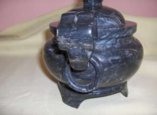 Vintage Marble Onyx Black 2Pc Stone 7.50 Asian Incense Burner  