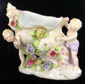   CAPODIMONTE 2 CHERUBS PUTTI HOLDING CONCH SHELL FIGURINE VASE HUGE