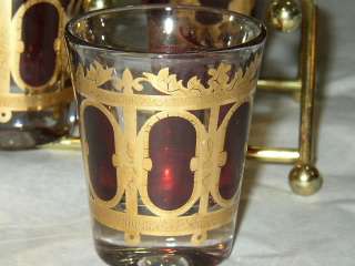  Gold Encrusted Ruby Stained 6 Shot Glasses with Caddy Beautiful  