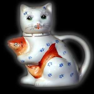  White Money Cat Tea Pot with Prosperity Fish Everything 
