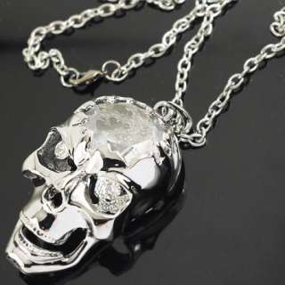 white gold gp Swarovski Crystal Skull Pendant Necklace 30 inch a1185 