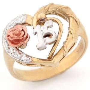    10k 3 Tone Gold 15 Anos Quinceanera Flower Heart Ring Jewelry