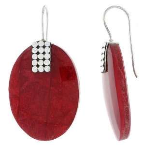   Sterling Silver Oval Natural Red Coral Earrings 1 1/4 (31mm) Jewelry
