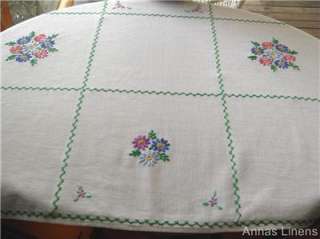 Vintage Tablecloth Hand Embroidered Country Flowers 47  