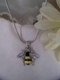 White Gold Plate Enamel & Crystal Stud Bee Necklace  