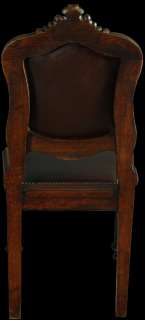   Antique Carved French Country Rococo Louis XV Oak Chairs Leather Seats
