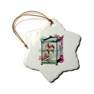 Victorian Birds and Cage Pink Green Yellow   3 Inch Snowflake 